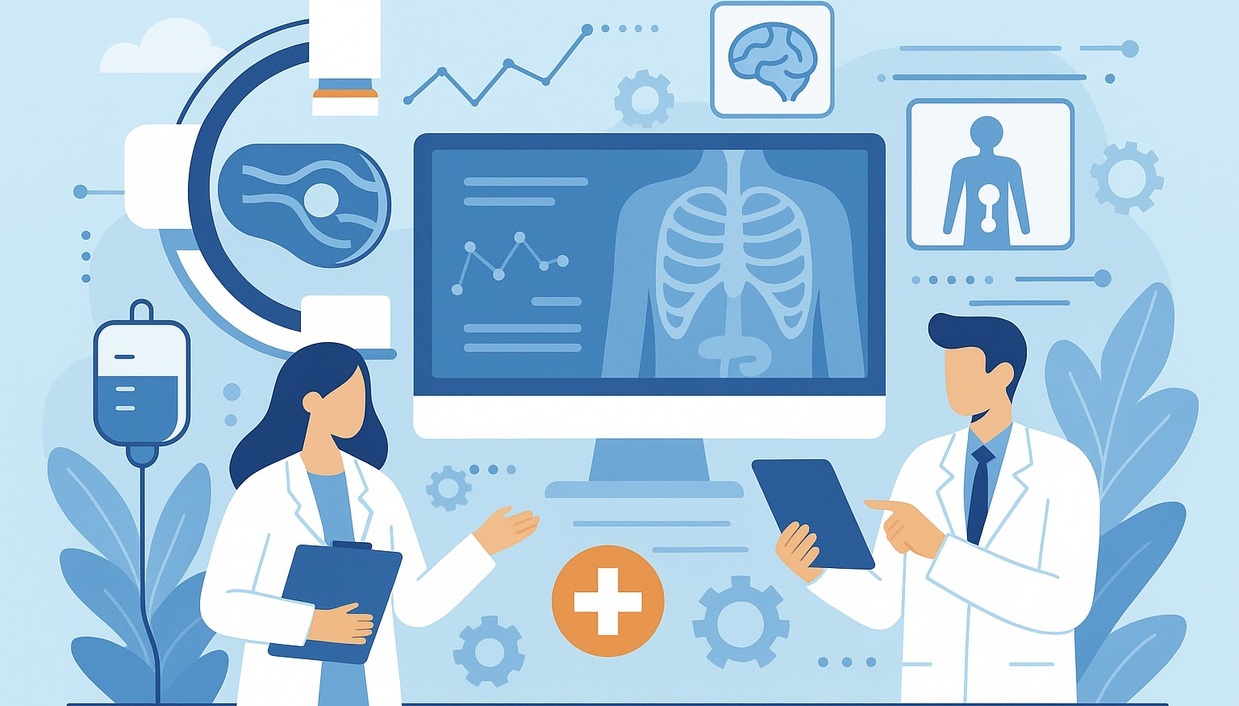 Illustration von Ärzten, die medizinische Daten und Röntgenbilder zur Diagnose besprechen.